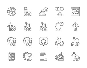 Set of Probiotic Line Icons. Lactobacilli, Bifidobacteria, Vitamins and more.