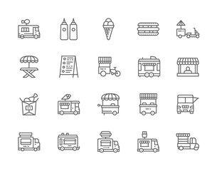 Fototapeta na wymiar Set of Food Truck Line Icons. Hot Dog, Sandwich, Picnic Table and more.