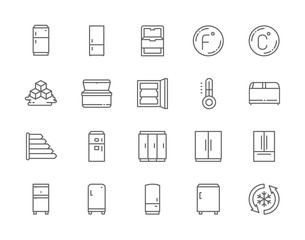 Set of Fridge Line Icons. Thermometer, Freezer, Refrigerator, Ice Cubes and more
