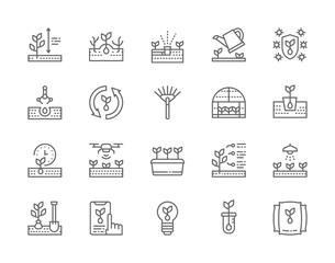 Set of Planting Line Icons. Weed Control, Rake, Greenhouse, Agriculture and more
