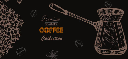 Coffee illustration. Hand drawn vector banner. Coffee beans.