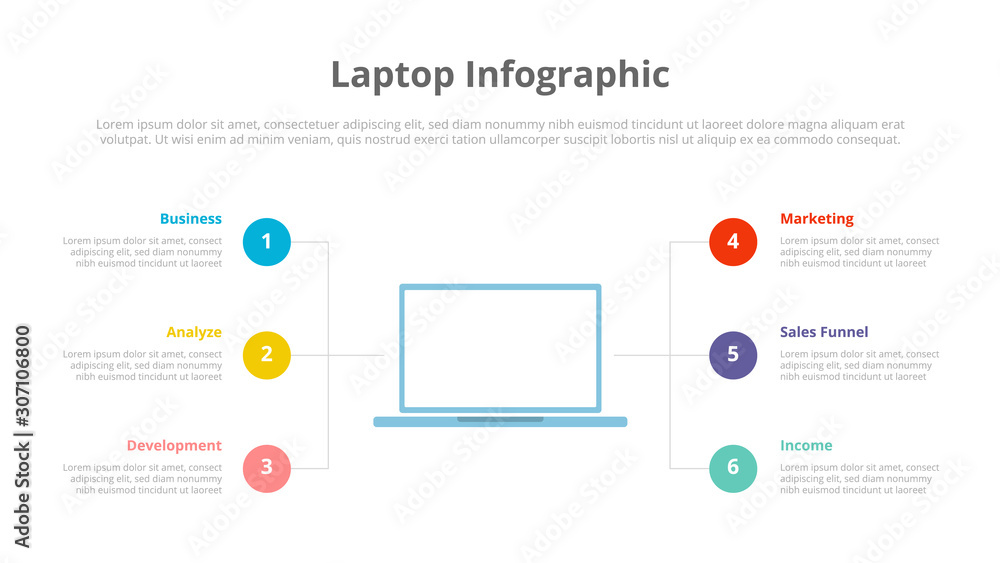Fototapete laptop or computer infographic with 6 six points of description for slide template presentation - ve