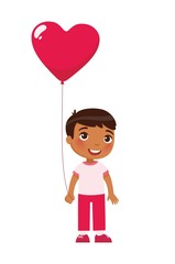 Little boy holding heart shaped balloon flat vector illustration. Valentines Day celebration. Smiling kid character with present. February 14 holiday isolated design element