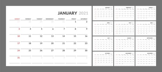 Wall calendar for 2021 year in clean minimal style. Corporate design planner template. Week Starts on Sunday. Set of 12 Months. Ready for print.