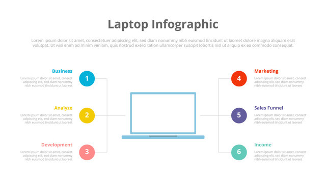 laptop or computer infographic with 6 six points of description for slide template presentation - vector