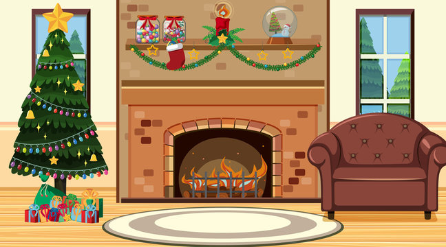 Room with christmas tree by fireplace
