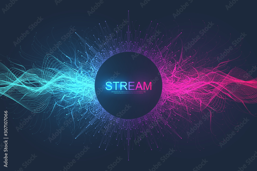Aufkleber Abstract dynamic motion lines and dots background with colorful particles. Digital streaming background, wave flow. Plexus stream background. Big Data technology, vector illustration