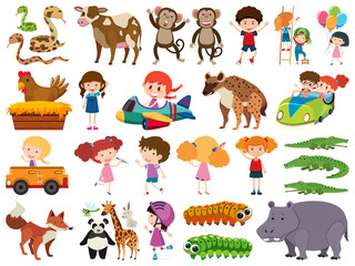 Obraz na płótnie Canvas Set of isolated objects of animals and children