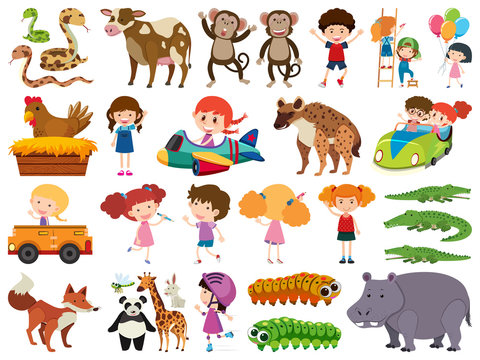 Set of isolated objects of animals and children