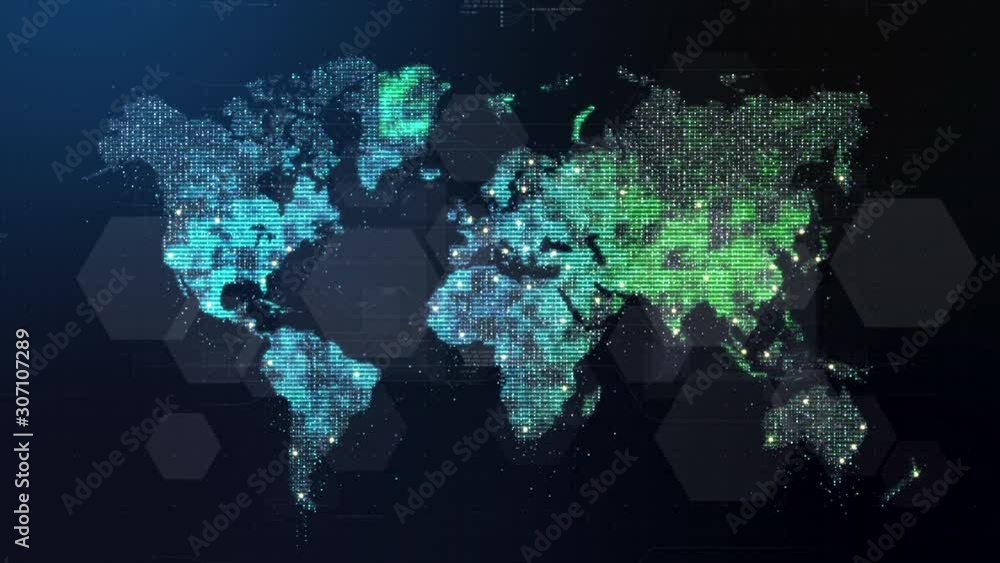 Poster Futuristic global 5G worldwide communication via broadband internet connections between cities around the world with matrix particles continent map for head up display background