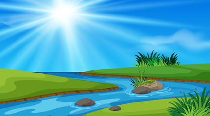 Nature scene background with river and green field