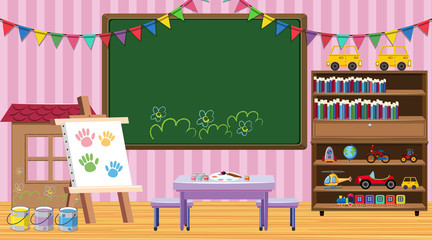 Classroom scene with chalkboard and bookshelf