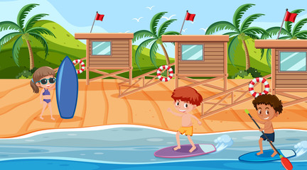 Obraz na płótnie Canvas Background scene with kids surfing in the ocean