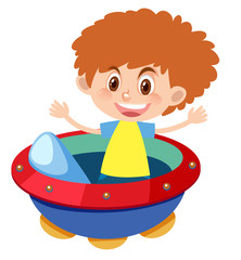 Single character of boy on UFO on white background