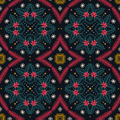 Seamless Christmas pattern with holly leaves and spruce branches. Winter botanical kaleidoscope background.