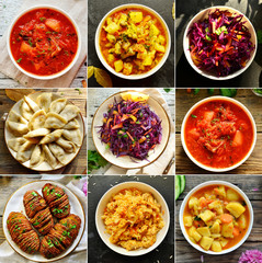 Collage of food in the dishes. A variety of food, vegetables, chicken, close-up and top view. Options for dishes.