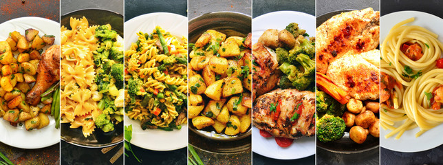 Collage of food in the dishes. A variety of food, vegetables, chicken, close-up and top view. Options for dishes. - obrazy, fototapety, plakaty