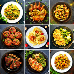 Collage of food in the dishes. A variety of food, vegetables, chicken, close-up and top view. Options for dishes.