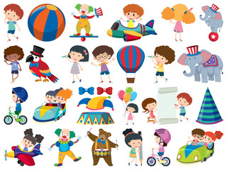 Large set of isolated objects of kids and circus