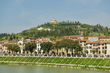 Hilltop church & sanctuary above Adige river in city of Verona, Italy