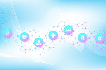 Abstract health care banner template with flat icons. Healthcare medicine concept. Medical innovation technology pharmacy banner. Vector illustration