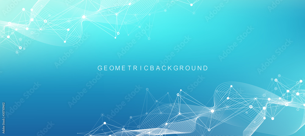 Fototapete Digits abstract background with connected line and dots, wave flow. Digital neural networks. Network and connection background for your presentation. Graphic polygonal background. Vector illustration.