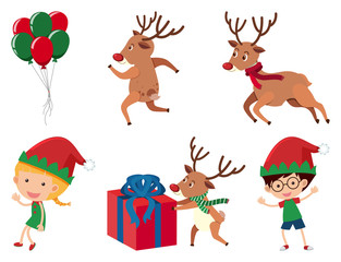 Obraz na płótnie Canvas Christmas set with reindeer and kids