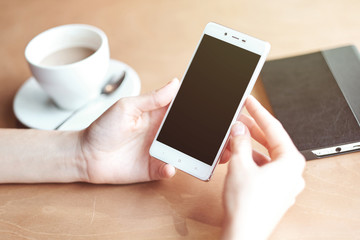 Business woman hands with smart phone and cup of coffee. For Graphic display montage.