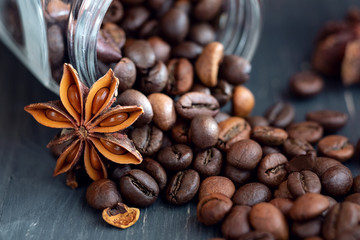 Coffee beans and badyan close up