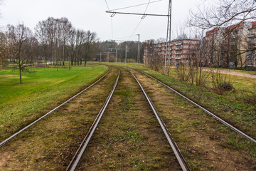 Electric Train Tracks in a City in Latvia