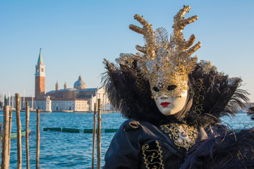 Fototapeta na wymiar Female mask at the Venice carnival wearing a black and gold dress