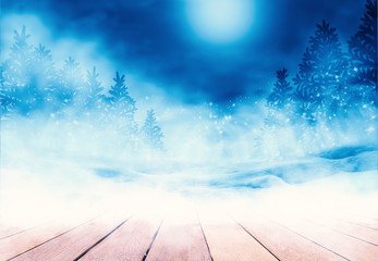 Winter abstract background. Empty wooden snowy countertop. Winter forest, moon, fog in the background