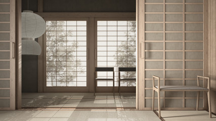 Empty open space with mats tatami and futon floor, plaster walls, wooden roof, chinese paper doors, chairs with lamps, lounge room, window with zen garden shadows, meditation room