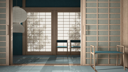 Empty open space, mats, tatami and futon floor, blue plaster walls, wooden roof, chinese paper doors, chairs with lamps, lounge room, window with zen garden shadows, meditation room