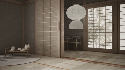 Eastern interior design, open space, bright empty room with futon, tatami, wooden roof, rice paper door, traditional tearoom, carpet, tray with tea set, chairs and classic pendant lamp