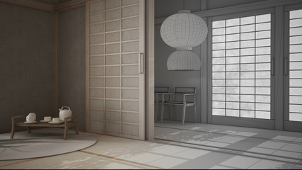 Architect interior designer concept: unfinished project that becomes real, eastern design, empty room with futon, tatami, traditional tearoom, tea set, chairs and pendant lamp