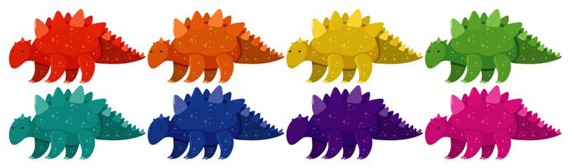 Set of stegosaurus in eight different colors
