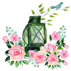flashlight with watercolor flowers. floral illustration, Leaf and buds. Botanic composition for wedding or greeting card. branch of flowers - abstraction roses