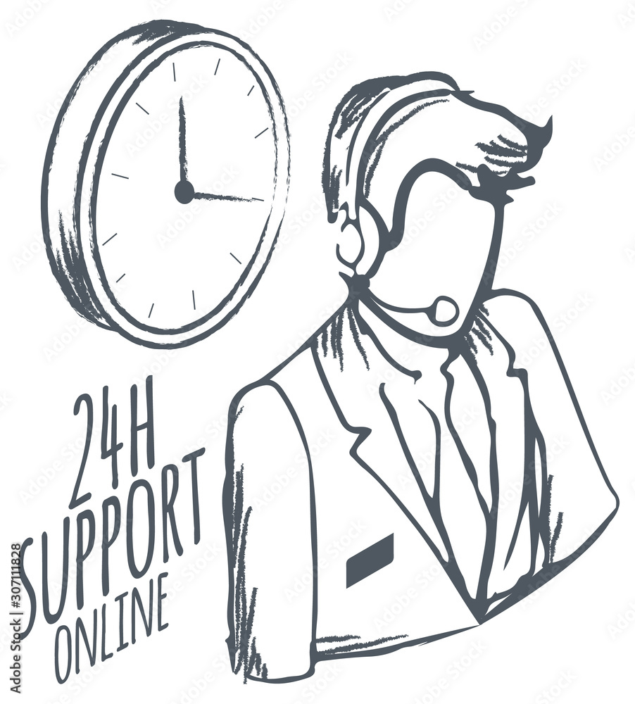 Aufkleber online hotline for customers. 24 hours support and help isolated consultant monochrome sketch outlin