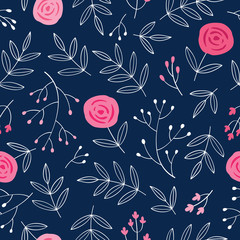 Simple floral seamless pattern with hand drawn cute flowers and leaves for textile, wallpapers, gift wrap and scrapbook. Dark blue background. Vector.