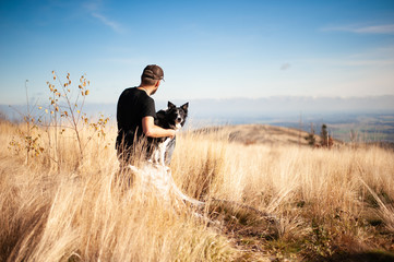 Man sitiing with his dog on mountain meadow. Black and white border collie in high golden grass.