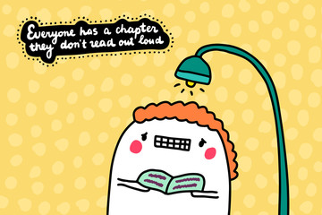 Everyone has a chapter they don't read out loud hand drawn vector illustration in cartoon comic style man shy holding book