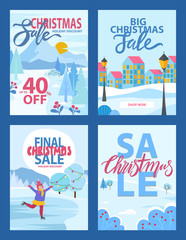 Christmas sale holiday discount 40 percent, Xmas promotion and shop now webpage or card. Winter retail poster set with snowy fir-trees, buildings and skiing woman outdoor, advertising postcard vector