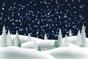 Snowy night with the first, coniferous forest, falling snow, snowdrifts. Vector background.