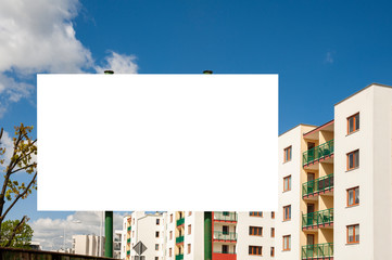 Blank billboard for advertisement in the front of modern residential building