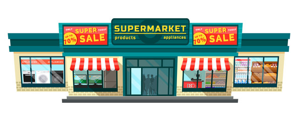 Super sale in supermarket on products and appliances. Discounts on TV set and washing machine, stove and fridge. Grocery store with food. Big building with store isolated on white. Vector illustration