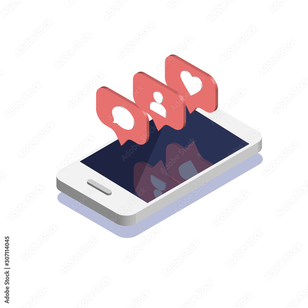 Poster smartphone with social media notifications icon in trendy isometric style. push notification with li