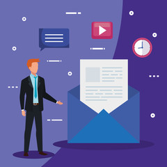 businessman with envelope and icons vector illustration design