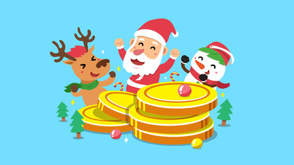 Merry Christmas vector cartoon santa claus and friend with big money coins stack for design.