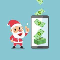 Merry Christmas vector cartoon santa claus earning money with smartphone for design.